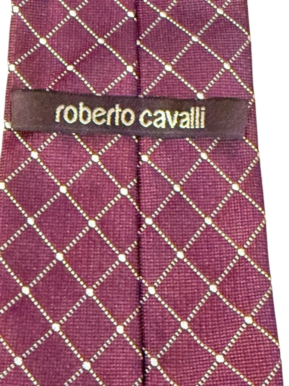 Roberto Cavalli 100% Silk Necktie Burgundy Gold Diamond Grid RC Monogram Italy